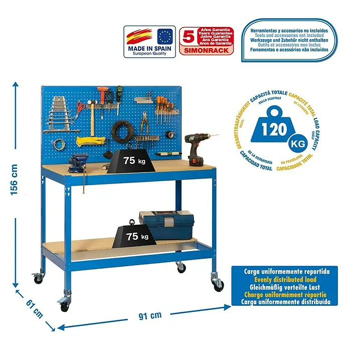Simonrack Simonwork Banco de trabajo BT2 Mobile - L x An x Al: 61 x 91 x 144,5 cm, Capacidad de carga: 120 kg, Azul - Dibujo técnico