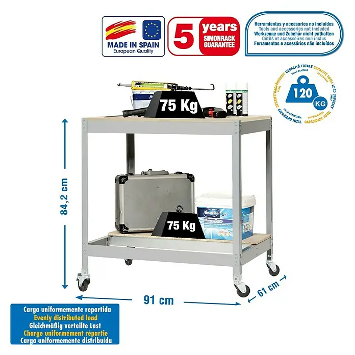 Simonrack Simonwork Banco de trabajo BT0 Mobile - L x An x Al: 76 x 90 x 95 cm, Capacidad de carga: 120 kg, Gris - Dibujo técnico