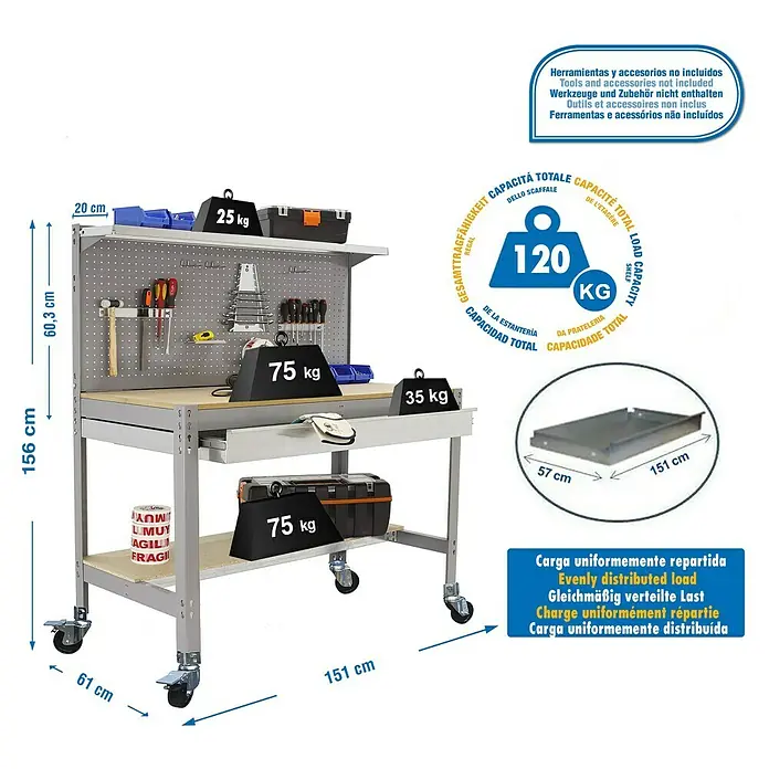 Simonrack Simonwork Banco de trabajo BT3 Box Mobile - L x An x Al: 61 x 151 x 144,5 cm, Capacidad de carga: 120 kg, Gris - Dibujo técnico