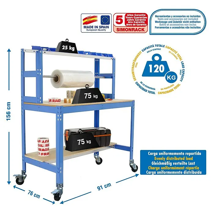 Simonrack Simonwork Banco de trabajo BT4 Mobile - L x An x Al: 76 x 91 x 156 cm, Capacidad de carga: 120 kg, Azul - Dibujo técnico