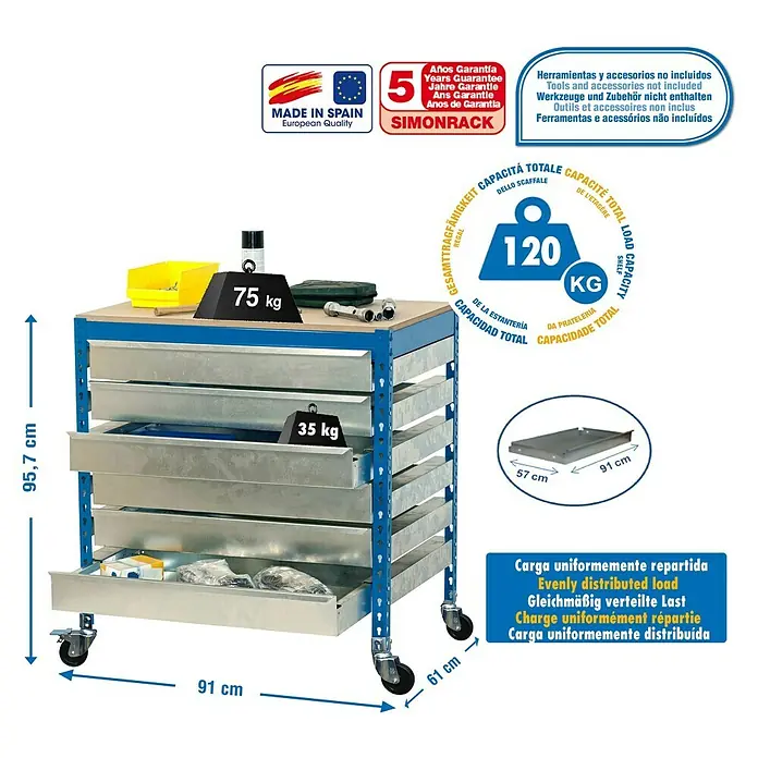 Simonrack Simonwork Banco de trabajo BT5 Box Mobile - L x An x Al: 61 x 90 x 95 cm, Capacidad de carga: 120 kg, Azul - Dibujo técnico