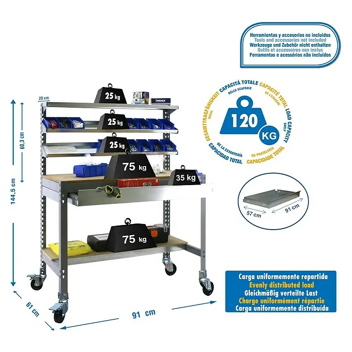 Simonrack Simonwork Banco de trabajo BT1 Box Mobile - L x An x Al: 61 x 91 x 144,5 cm, Capacidad de carga: 120 kg, Gris - Dibujo técnico