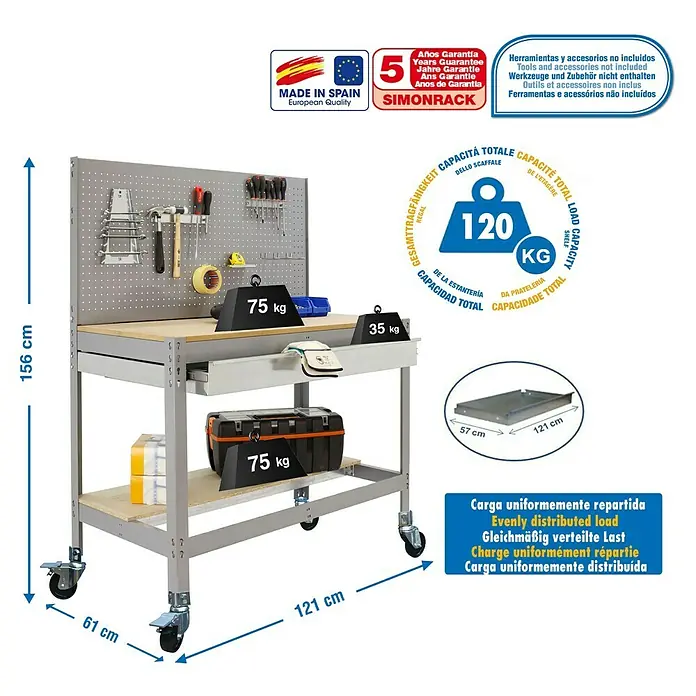 Simonrack Simonwork Banco de trabajo BT2 Box Mobile - L x An x Al: 61 x 121 x 144,5 cm, Capacidad de carga: 120 kg, Gris - Dibujo técnico