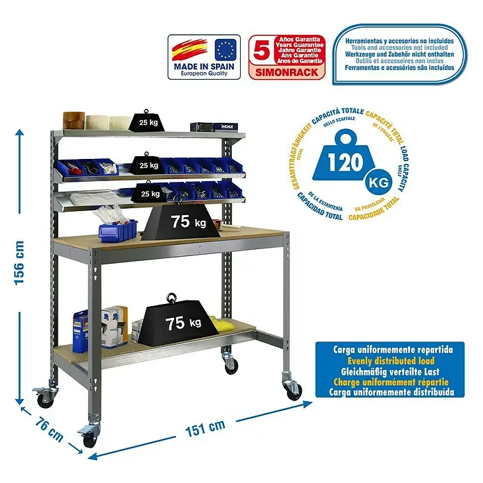 Simonrack Simonwork Banco de trabajo BT1 Mobile - L x An x Al: 76 x 151 x 144,5 cm, Capacidad de carga: 120 kg, Gris - Dibujo técnico