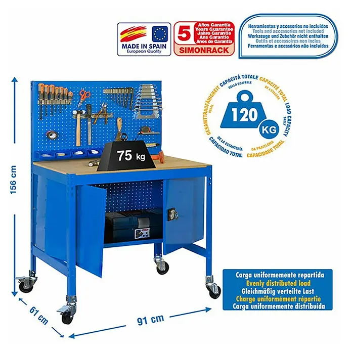 Simonrack Simonwork Banco de trabajo BT2 Locker Mobile - L x An x Al: 61 x 91 x 144,5 cm, Capacidad de carga: 120 kg, Azul - Dibujo técnico