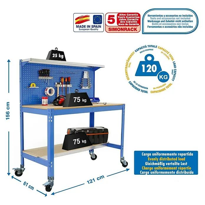 Simonrack Simonwork Banco de trabajo BT3 Mobile - L x An x Al: 61 x 121 x 144,5 cm, Capacidad de carga: 120 kg, Azul - Dibujo técnico