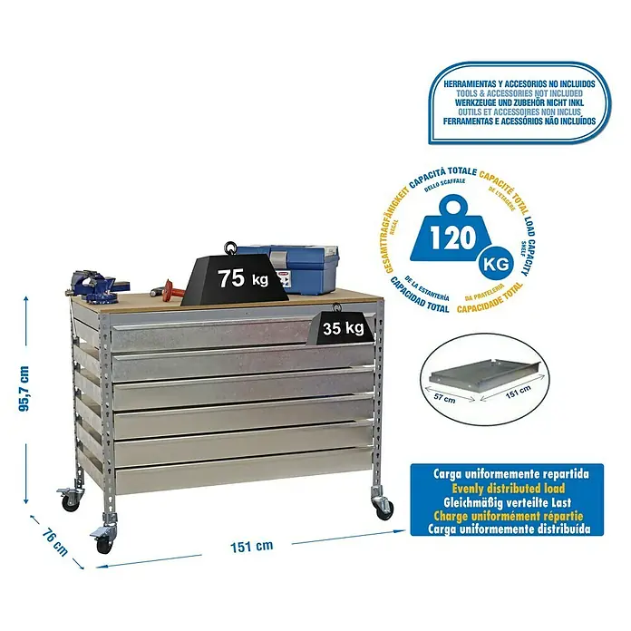 Simonrack Simonwork Banco de trabajo BT5 Box Mobile - L x An x Al: 76 x 151 x 95 cm, Capacidad de carga: 120 kg, Gris - Dibujo técnico