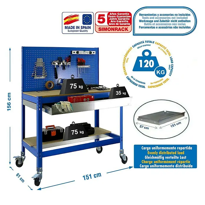 Simonrack Simonwork Banco de trabajo BT2 Box Mobile - L x An x Al: 61 x 151 x 144,5 cm, Capacidad de carga: 120 kg, Azul - Dibujo técnico