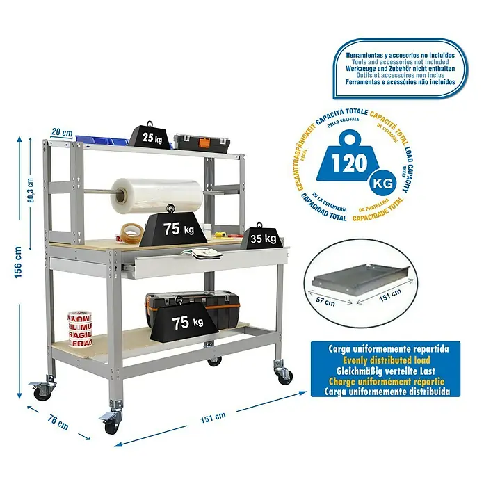 Simonrack Simonwork Banco de trabajo BT4 Box Mobile - L x An x Al: 76 x 151 x 144,5 cm, Capacidad de carga: 120 kg, Gris - Dibujo técnico
