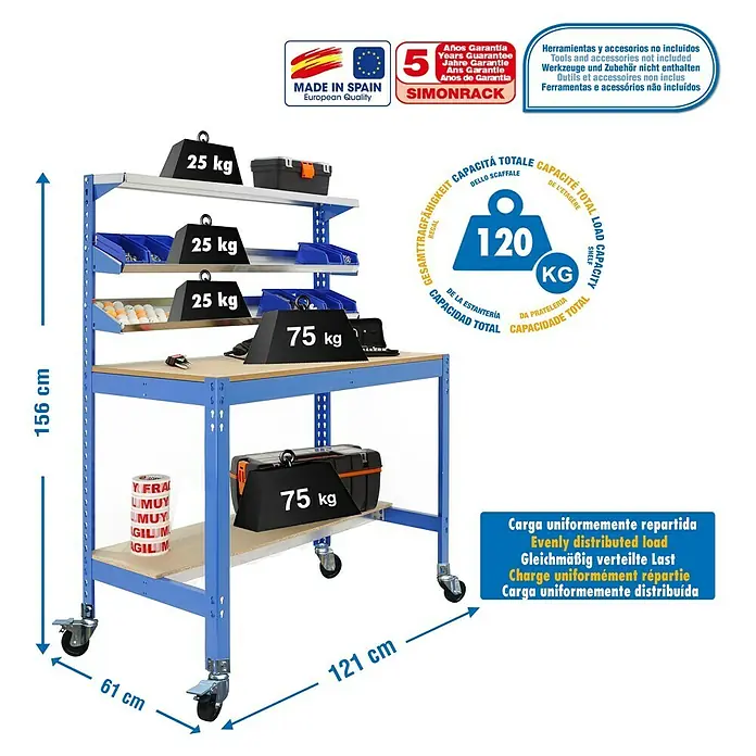 Simonrack Simonwork Banco de trabajo BT1 Mobile - L x An x Al: 61 x 121 x 144,5 cm, Capacidad de carga: 120 kg, Azul - Dibujo técnico