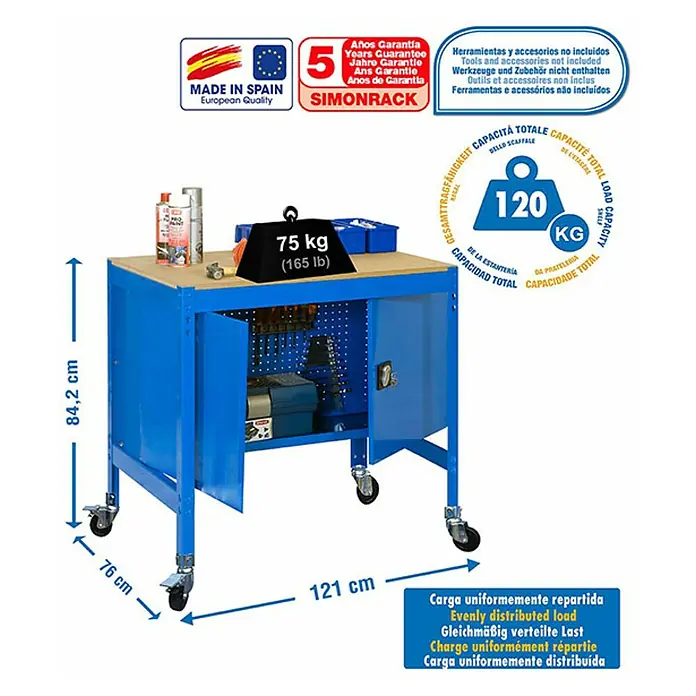 Simonrack Simonwork Banco de trabajo BT0 Locker Mobile - L x An x Al: 76 x 120 x 95 cm, Capacidad de carga: 120 kg, Azul - Dibujo técnico