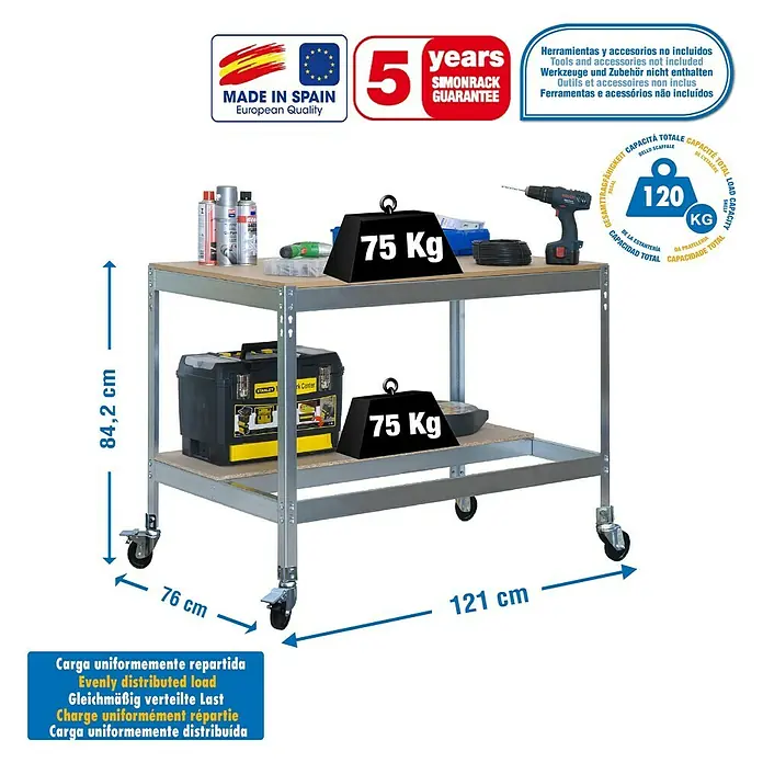 Simonrack Simonwork Banco de trabajo BT0 Mobile - L x An x Al: 76 x 121 x 91,7 cm, Capacidad de carga: 120 kg, Galvanizado - Dibujo técnico