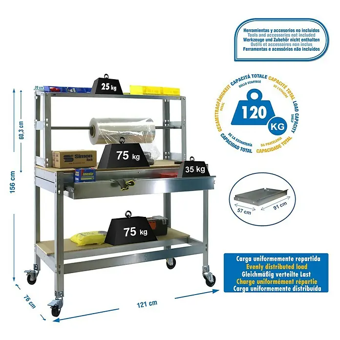 Simonrack Simonwork Banco de trabajo BT4 Mobile - L x An x Al: 76 x 121 x 152 cm, Capacidad de carga: 120 kg, Galvanizado - Dibujo técnico