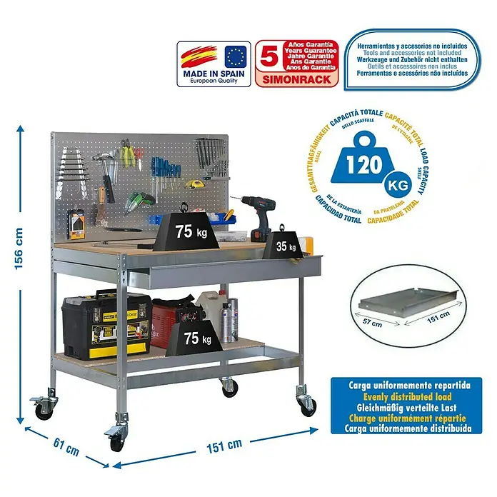 Simonrack Simonwork Banco de trabajo BT2 Box Mobile - L x An x Al: 61 x 151 x 152 cm, Capacidad de carga: 120 kg, Galvanizado - Dibujo técnico