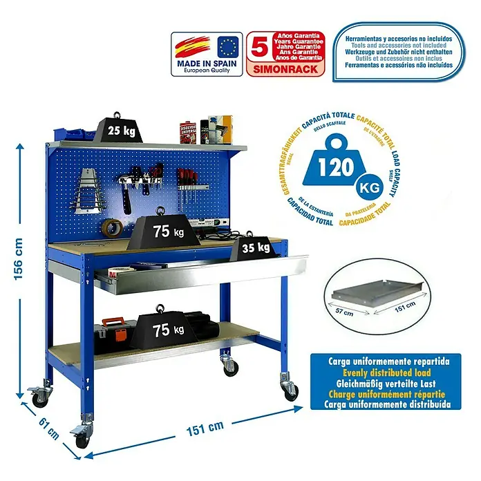 Simonrack Simonwork Banco de trabajo BT3 Box Mobile - L x An x Al: 61 x 151 x 144,5 cm, Capacidad de carga: 120 kg, Azul - Dibujo técnico
