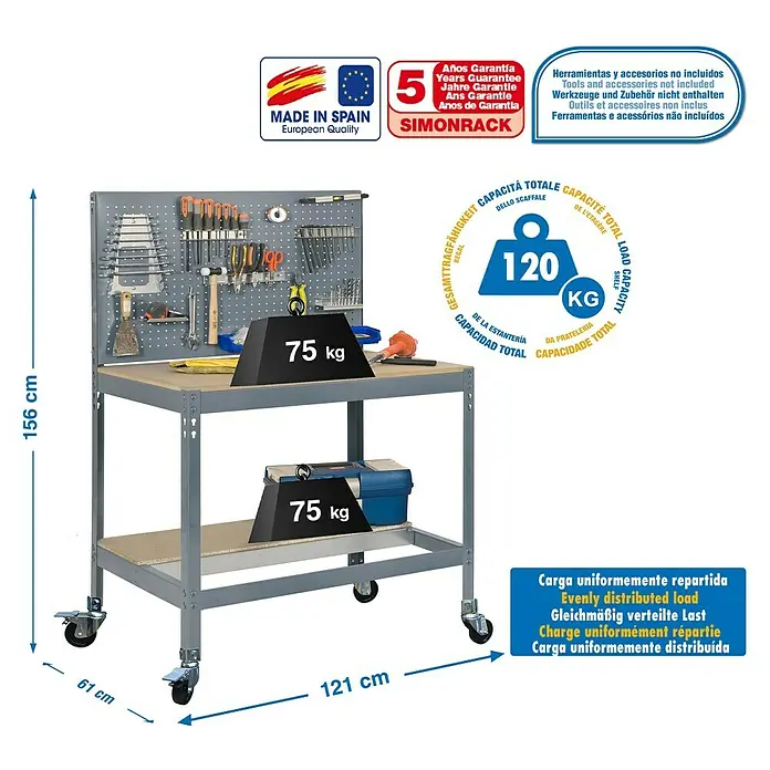 Simonrack Simonwork Banco de trabajo BT2 Mobile - L x An x Al: 61 x 91 x 144,5 cm, Capacidad de carga: 120 kg, Gris - Dibujo técnico