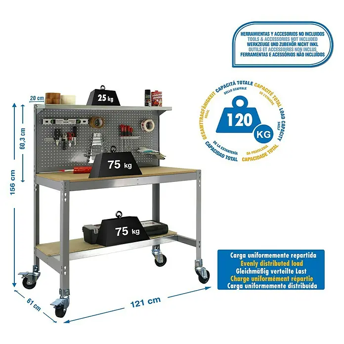 Simonrack Simonwork Banco de trabajo BT3 Mobile - L x An x Al: 61 x 121 x 144,5 cm, Capacidad de carga: 120 kg, Gris - Dibujo técnico