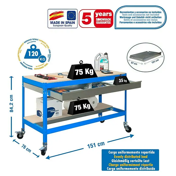 Simonrack Simonwork Banco de trabajo BT0 Box Mobile - L x An x Al: 76 x 150 x 95 cm, Capacidad de carga: 120 kg, Azul - Dibujo técnico