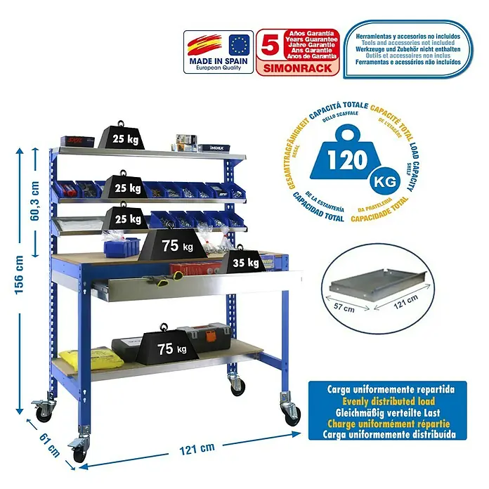 Simonrack Simonwork Banco de trabajo BT1 Box Mobile - L x An x Al: 61 x 121 x 144,5 cm, Capacidad de carga: 120 kg, Azul - Dibujo técnico