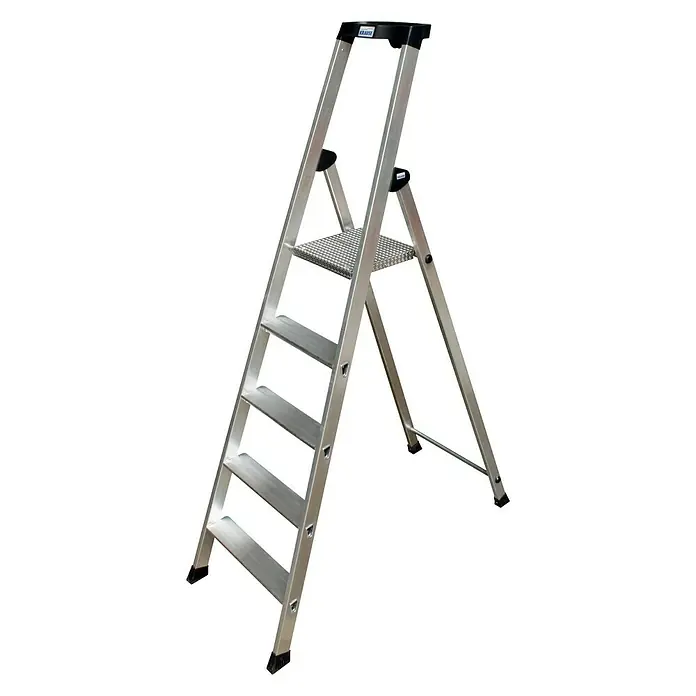 Krause Monto Stufenstehleiter Solido - Arbeitshöhe: 3,05 m, Anzahl Tritte: 5 Stufen, Tiefe Stufen: 80 mm, Aluminium - Diagonale Ansicht