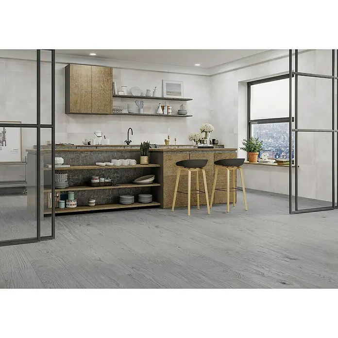 BHS Showroom Pavimento porcelánico Energy - 60 x 120 cm, Blanco, Rectificado, Efecto cemento - Foto ambiente
