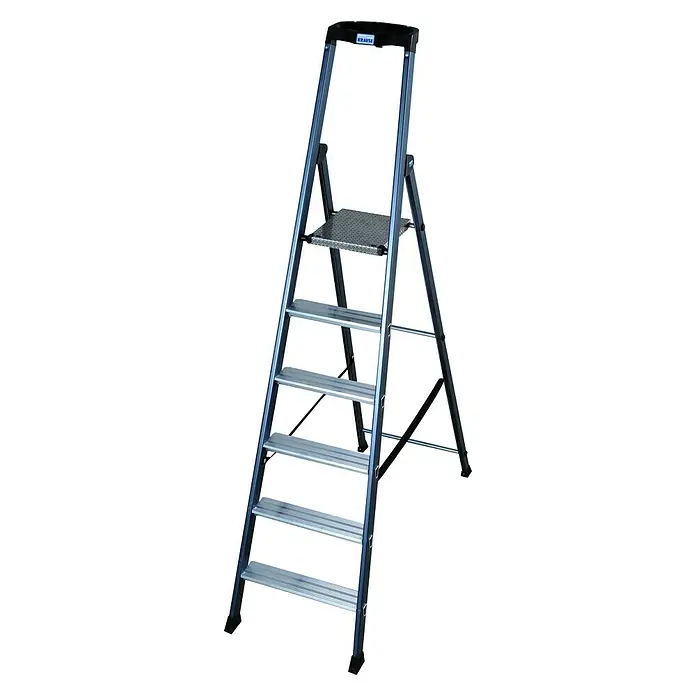 Krause Monto Stufenstehleiter SePro S - Arbeitshöhe: 3,3 m, Anzahl Tritte: 6 Stufen, Tiefe Stufen: 80 mm, Aluminium, Eloxiert - Linke Seitenansicht