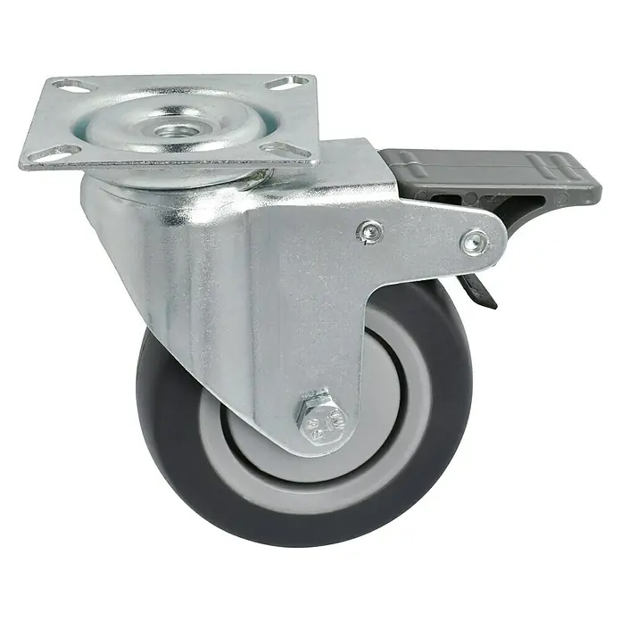 Stabilit Rueda giratoria para equipos - Diámetro ruedas: 75 mm, Capacidad de carga: 50 kg, Cojinete de bolas, Con placa y freno - Vista angular