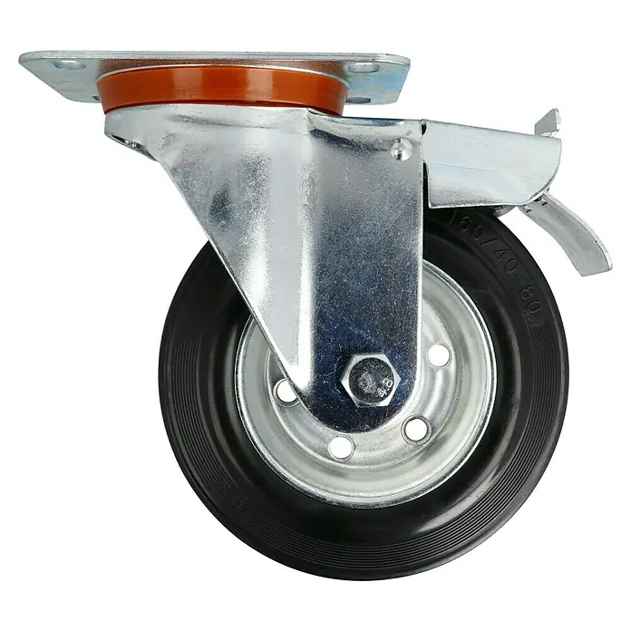 Stabilit Rueda de transporte industrial - Diámetro ruedas: 160 mm, Capacidad de carga: 150 kg, Rodamiento de rodillos, Con placa y freno - Vista de perfil derecho