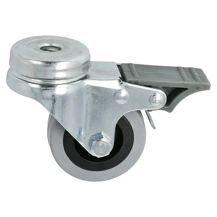Stabilit Rueda giratoria para equipos - Diámetro ruedas: 50 mm, Capacidad de carga: 45 kg, Material rueda: Goma, Con agujero pasante y freno, Casquillo liso - Vista angular