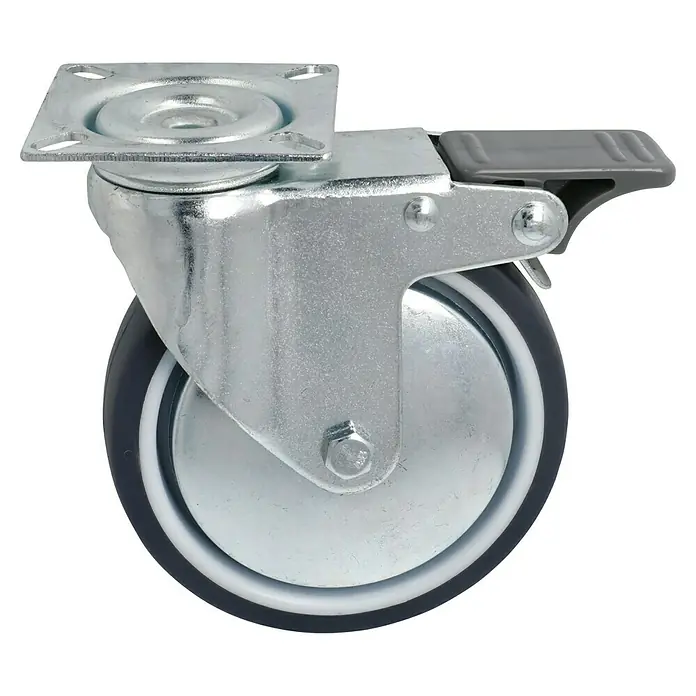 Stabilit Rueda giratoria para equipos - Diámetro ruedas: 100 mm, Capacidad de carga: 55 kg, Casquillo liso, Con placa y freno - Vista angular