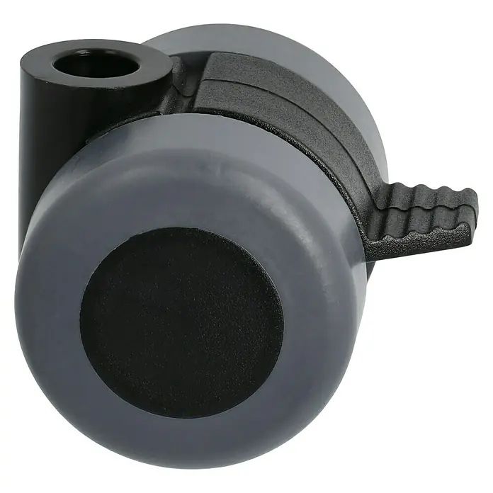 Stabilit Rueda para suelos de madera - Diámetro ruedas: 35 mm, Capacidad de carga: 70 kg, Casquillo liso, Con agujero pasante y freno, Diámetro agujero posterior: 8 mm - Vista angular