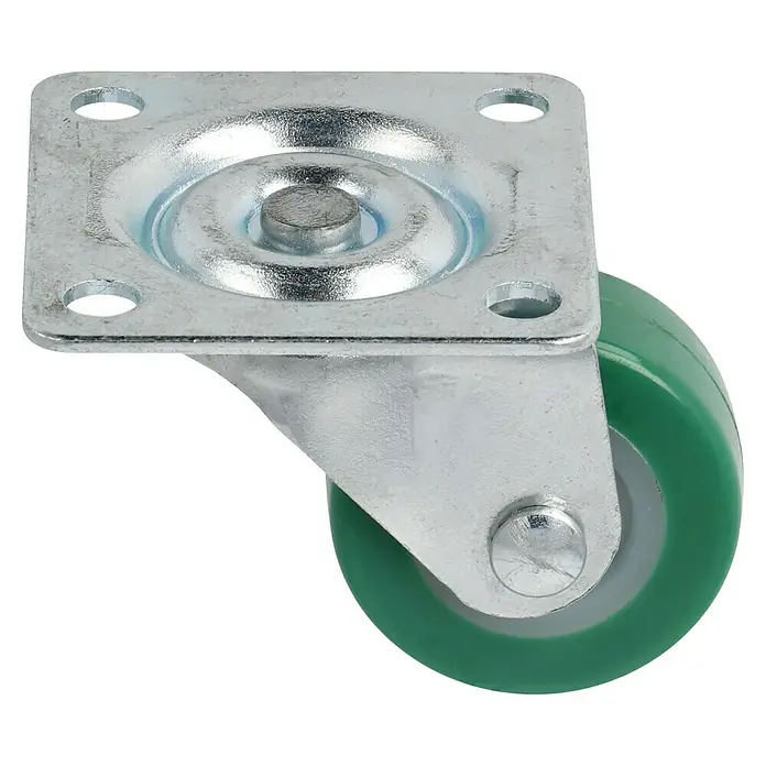Dörner & Helmer Möbel-Lenkrolle - Durchmesser Rollen: 30 mm, Traglast: 20 kg, Gleitlager, Mit Platte, Farbe Rad: Grün - Diagonale Ansicht