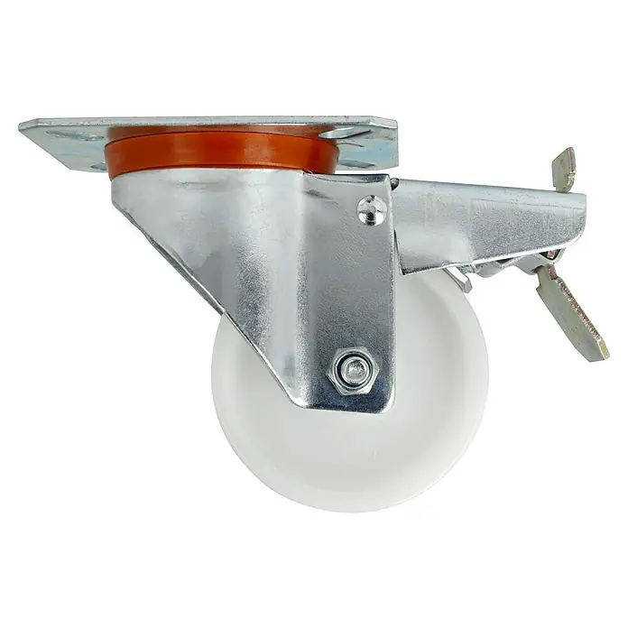 Stabilit Transportgeräterolle - Durchmesser Rollen: 80 mm, Traglast: 150 kg, Gleitlager, Mit Platte und Feststeller - Rechte Seitenansicht