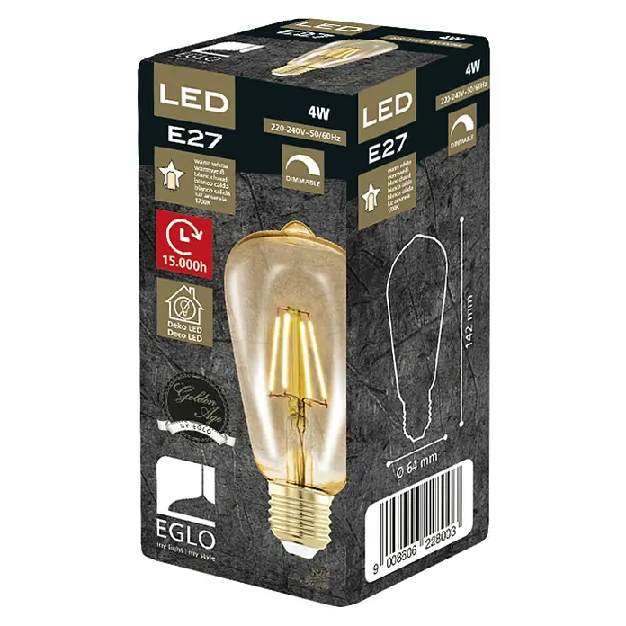 Eglo Bombilla LED Golden Age - Pistón, 4 W, E27, Blanco cálido, Ø x L: 6,4 x 14,3 cm - Vista angular
