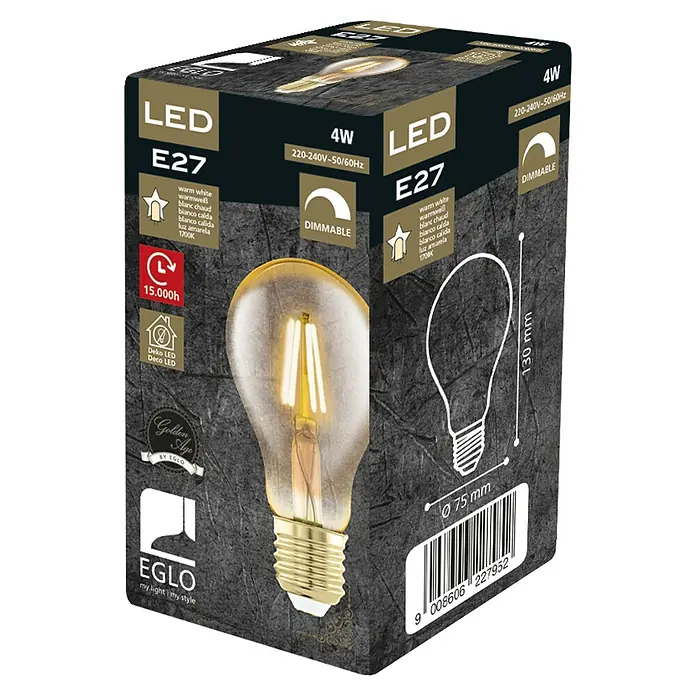 Eglo Bombilla LED Golden Age - Forma de pera, 4 W, E27, Blanco cálido, Ø x L: 7,5 x 13,3 cm - Vista angular