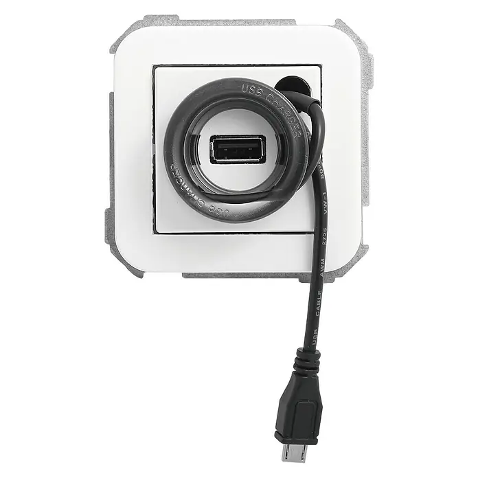 Simon 31 Toma USB con cable integrado - Blanco, Con cable de conexión, Plástico, Montaje en la pared