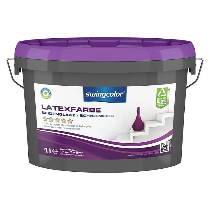 swingcolor Latexfarbe - Schneeweiß, 1 l, Seidenglänzend - Vorderansicht
