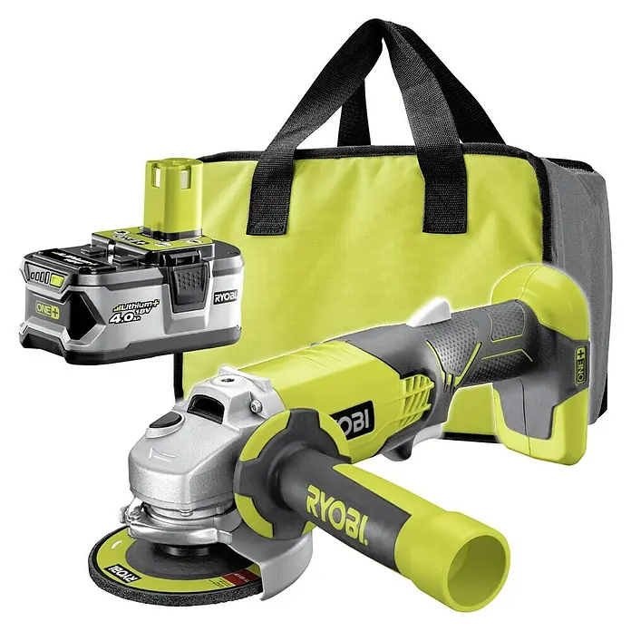 Ryobi ONE+ Akku-Winkelschleifer R18AG-140S - 18 V, 1 Akku, 4 Ah, Durchmesser Scheibe: 115 mm, 7.500 U/min - Diagonale Ansicht
