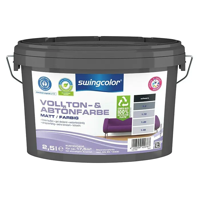 swingcolor Vollton- & Abtönfarbe - Schwarz, 2,5 l, Matt, Konservierungsmittelfrei - Vorderansicht
