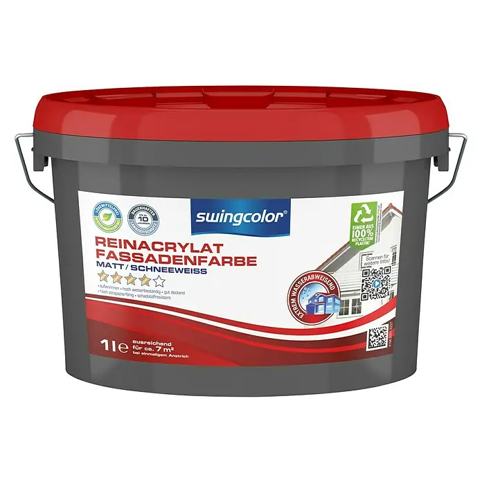swingcolor Reinacrylat-Fassadenfarbe - Schneeweiß, 1 l, Matt - Vorderansicht