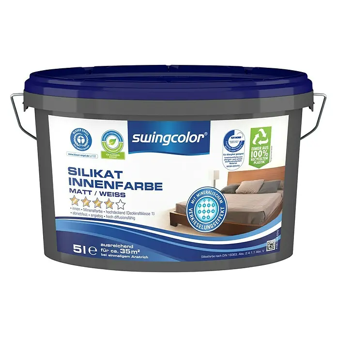 swingcolor Wandfarbe Silikat-Innenfarbe - Weiß, Matt, 5 l, Konservierungsmittelfrei - Vorderansicht