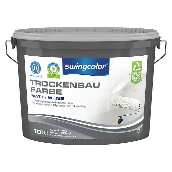 swingcolor Wandfarbe Trockenbaufarbe - Weiß, 10 l, Matt, Konservierungsmittelfrei - Vorderansicht