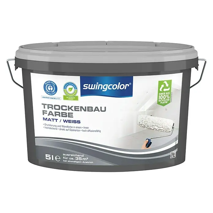 swingcolor Wandfarbe Trockenbaufarbe - Weiß, 5 l, Matt, Konservierungsmittelfrei - Vorderansicht
