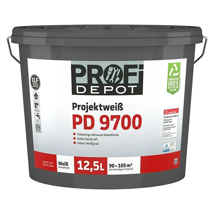Profi Depot PD Wandfarbe Projektweiß PD 9700 - Weiß, 12,5 l, Stumpfmatt - Vorderansicht