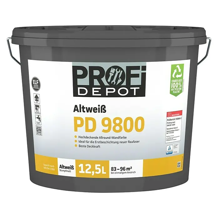 Profi Depot PD Wandfarbe Altweiß PD 9800 - Altweiß, Stumpfmatt, 12,5 l - Vorderansicht