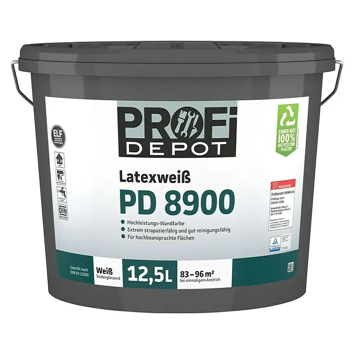Profi Depot PD Latexfarbe Latexweiß PD 8900 - Weiß, Seidenglänzend, 12,5 l - Vorderansicht
