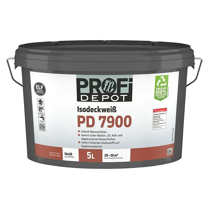 Profi Depot PD Isolierfarbe Isodeckweiß PD 7900 - Weiß, Stumpfmatt, 5 l - Vorderansicht