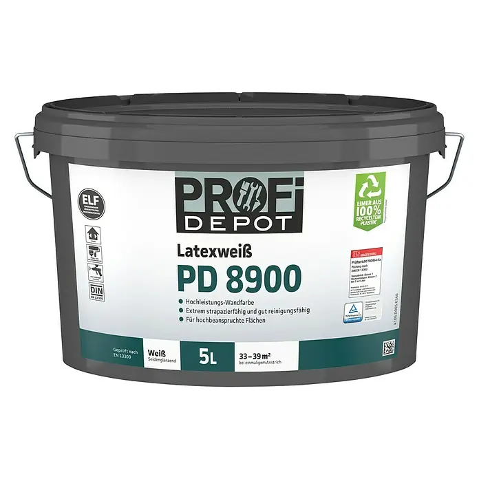 Profi Depot PD Latexfarbe Latexweiß PD 8900 - Weiß, Seidenglänzend, 5 l - Vorderansicht