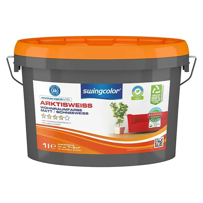 swingcolor Wandfarbe Arktisweiß - Schneeweiß, 1 l, Matt, Konservierungsmittelfrei - Vorderansicht