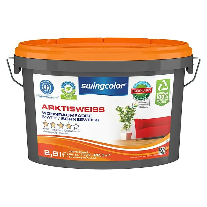 swingcolor Wandfarbe Arktisweiß - Schneeweiß, 2,5 l, Matt, Konservierungsmittelfrei - Vorderansicht